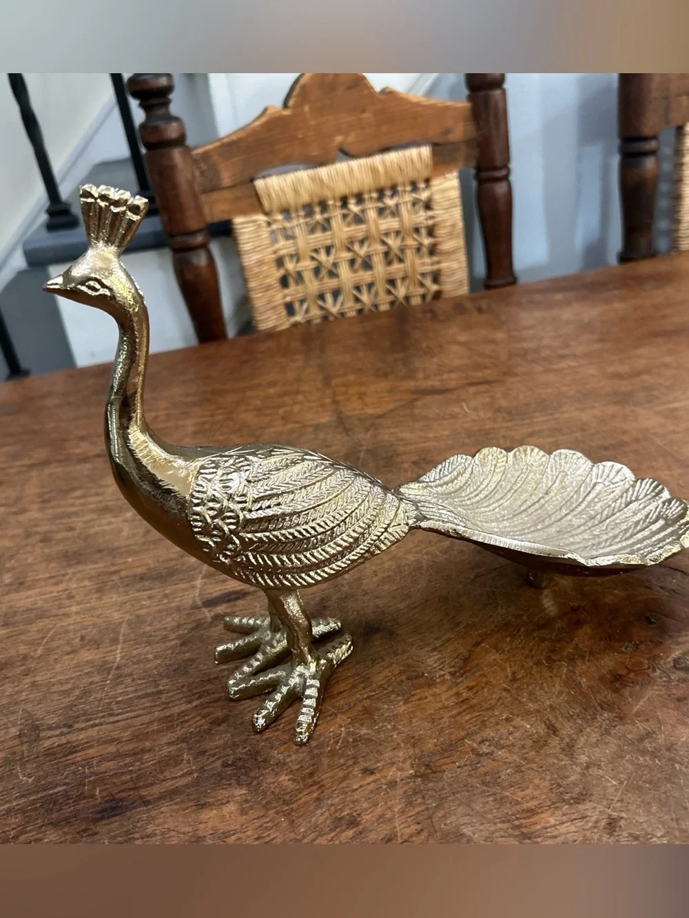 Vintage Gold Brass Peacock Trinket Dish MCM Jewelry Holder, 10x8.5x5 Inches